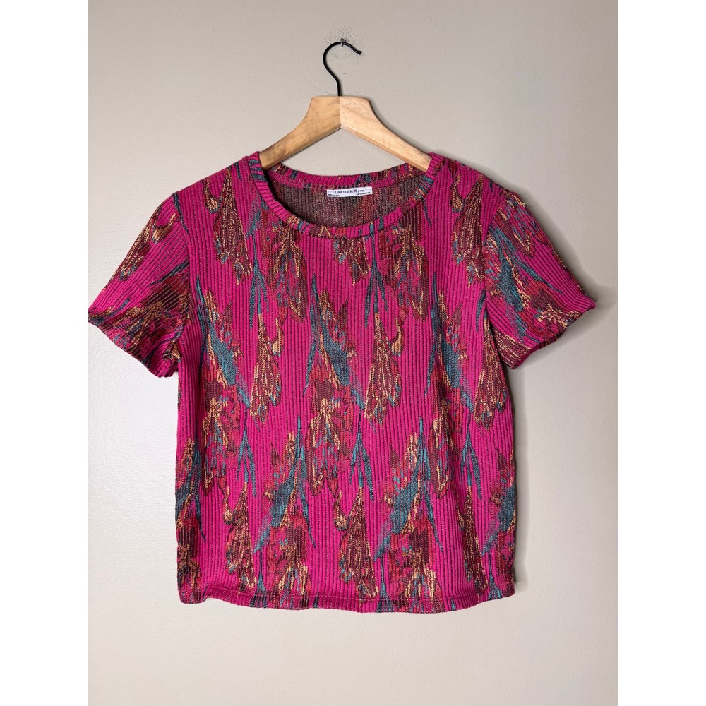 Zara Trafaluc Pink Metallic Ribbed Jacquard Abstract Short Sleeve Knit Top M